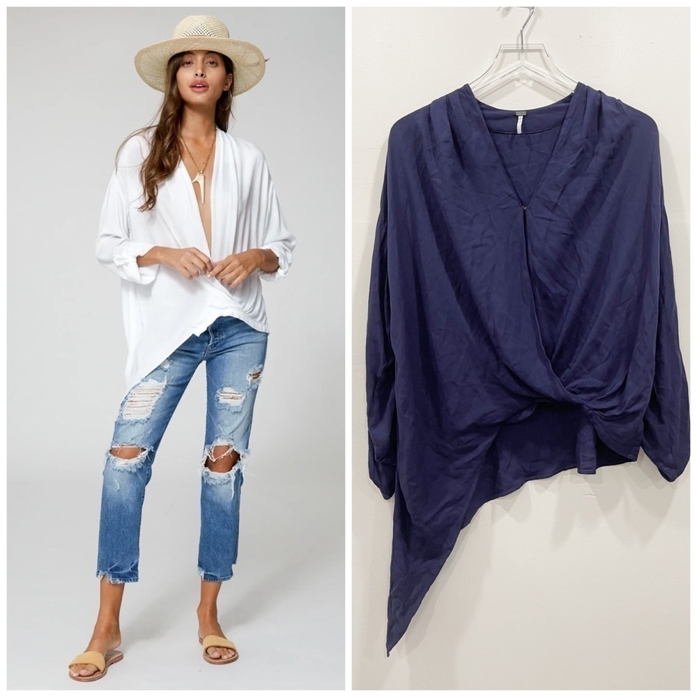 Young Fabulous & Broke Corinne Blue Long Sleeve Rayon Top V-Neck Tab Sleeve S